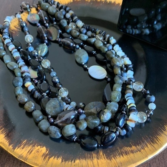 Genuine semi precious black & gray stones multi-layered 18"  Necklace - Picture 1 of 3